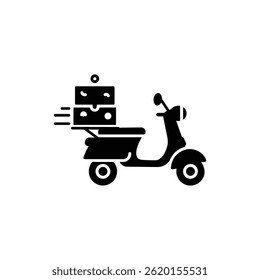 Black Filled Icon of Delivery Scooter with Pizza Box for Fast Food Delivery
