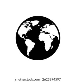 Black Filled Icon of Earth Globe with Continents in Flat World View