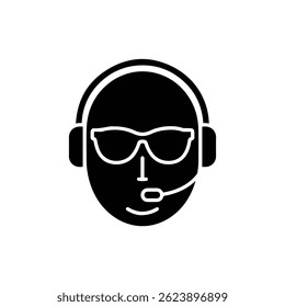 Icono lleno negro de la cara con las gafas de sol y los auriculares, símbolo fresco del ambiente