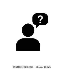 Black Filled Icon of FAQ Person with Question Bubble Above Head
