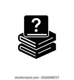 Black Filled Icon of a FAQ Stack of Books with Question Symbol on Cover