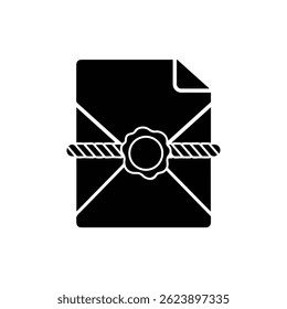 Icono lleno negro del sobre del archivo atado con la cadena y el sello, seguridad del documento