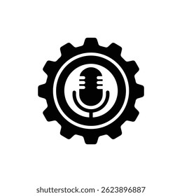 Preenchido ícone preto da configuração da engrenagem com microfone, Tech Configuration Symbol