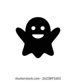 Black Filled Icon of Ghost with Smiling Face and No Border, Fun Halloween Symbol