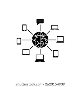 Icono de globo lleno de negro con dispositivos y líneas de comunicación que representan la conectividad global