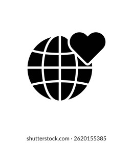 Icono lleno negro del globo con el símbolo del corazón por encima de representar la responsabilidad ética global