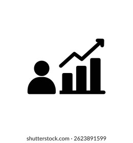 Icono relleno negro del gráfico de barras con el icono del usuario a la izquierda, símbolo del análisis de datos