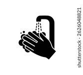 Black Filled Icon of Hand Washing with Soap Under Running Water