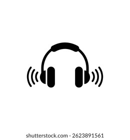 Black Filled Icon of Headphones with Sound Lines Coming from Each Side