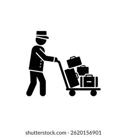 Ícone preto cheio de Hotel Bellhop empurrando carrinho de bagagem