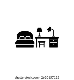 Black Filled Icon of Hotel Room with Desk, Chair, and Lamp