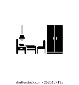 Black Filled Icon of Hotel Room with Desk Lamp and Chair