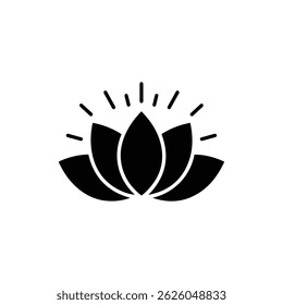 Black Filled Icon of a Lotus Flower Surrounded by Radiating Energy Lines