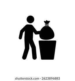 Black Filled Icon of Man Lifting Trash Bag into Large Bin