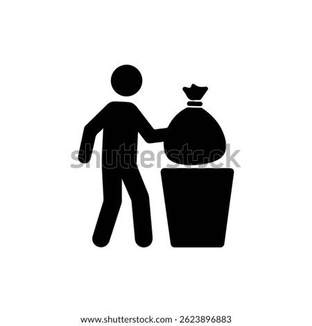 Black Filled Icon of Man Lifting Trash Bag into Large Bin