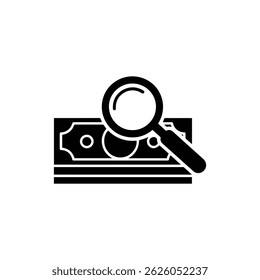 Black Filled Icon of Money Stack and Magnifying Glass Over Top Note