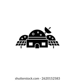 Black Filled Icon of Moon Base with Domes and Solar Panels Simple Front View
