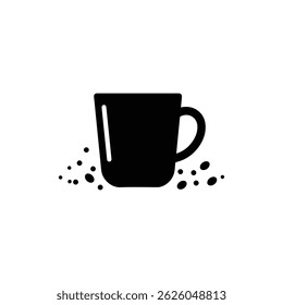 Black Filled Icon of a Mug with Coffee Beans Around It