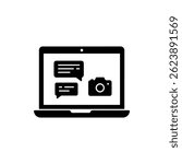 Black Filled Icon of Open Laptop Showing Chat and Camera