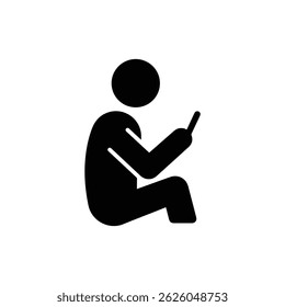 Black filled icon of a person using a smartphone while sitting