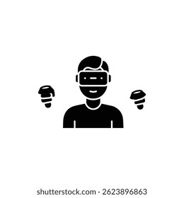 Black Filled Icon of Person with Virtual Reality Headset and Hand Controllers