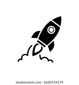Black Filled Icon of Rocket Launching into Sky Representing Pushing Beyond Limits
