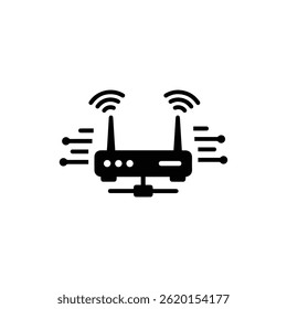 Ícone de Preenchimento Preto do Roteador com Antenas e Linhas de Rede Representando Conectividade