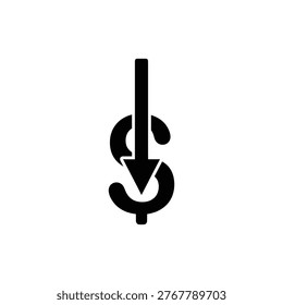 Black filled icon of a sharp downward arrow piercing through a dollar symbol, representing the crash of currency value, wealth destruction, and the forceful descent into bankruptcy. Used for stock market crashes, currency devaluation, and financial ruin imagery.