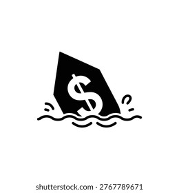 Black filled icon of a ship made of or carrying currency symbols, sinking into water, representing a financial shipwreck, lost investments, and the complete failure of monetary ventures leading to bankruptcy. Used for market crashes, failed businesses, and economic disaster metaphors.