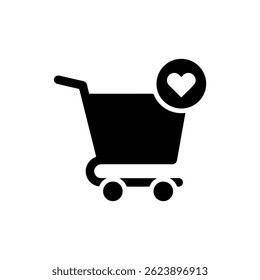 Black Filled Icon of Shopping Cart with Heart on the Top Right Corner