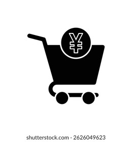Black Filled Icon of a Shopping Cart with Large Yen Symbol