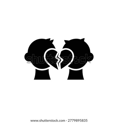 Black filled icon showing two silhouettes with broken heart between them representing breakup, separation, and emotional conflict concept