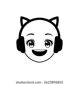 Black Filled Icon of Smiling Face with Headphones and Cat Ears
