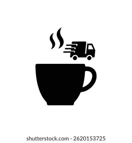 Icono lleno negro de la taza de café al vapor con el icono de la entrega que representa la entrega de la bebida