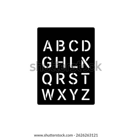 Black filled icon of stencil sheet with alphabet cutouts