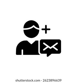 Black Filled Icon of User with Plus and Message Notification Representing New Connection