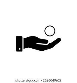 Black Filled Icon of a Virtual Hand Holding Glowing Coin