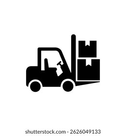 Black Filled Icon of a Warehouse Forklift Lifting a Box