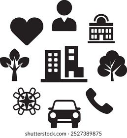 Black Filled Icons Set  Vector Silhouette Image on White Background , money gift, shopping bag, gift, box, label, delivery, heart pendant, package