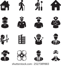 Black Filled Icons Set  Vector Silhouette Image on White Background , money gift, shopping bag, gift, box, label, delivery, heart pendant, package