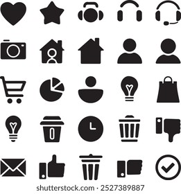 Black Filled Icons Set  Vector Silhouette Image on White Background , money gift, shopping bag, gift, box, label, delivery, heart pendant, package