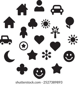 Black Filled Icons Set  Vector Silhouette Image on White Background , money gift, shopping bag, gift, box, label, delivery, heart pendant, package