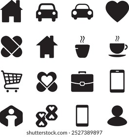 Black Filled Icons Set  Vector Silhouette Image on White Background , money gift, shopping bag, gift, box, label, delivery, heart pendant, package