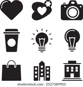 Black Filled Icons Set  Vector Silhouette Image on White Background , money gift, shopping bag, gift, box, label, delivery, heart pendant, package