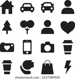 Black Filled Icons Set  Vector Silhouette Image on White Background , money gift, shopping bag, gift, box, label, delivery, heart pendant, package