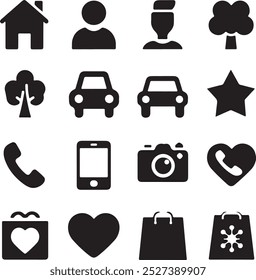 Black Filled Icons Set  Vector Silhouette Image on White Background , money gift, shopping bag, gift, box, label, delivery, heart pendant, package