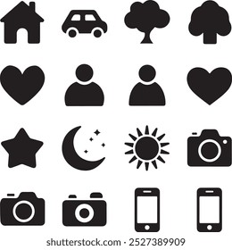 Black Filled Icons Set  Vector Silhouette Image on White Background , money gift, shopping bag, gift, box, label, delivery, heart pendant, package