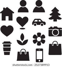 Black Filled Icons Set  Vector Silhouette Image on White Background , money gift, shopping bag, gift, box, label, delivery, heart pendant, package