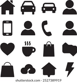 Black Filled Icons Set  Vector Silhouette Image on White Background , money gift, shopping bag, gift, box, label, delivery, heart pendant, package