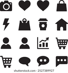 Black Filled Icons Set  Vector Silhouette Image on White Background , money gift, shopping bag, gift, box, label, delivery, heart pendant, package